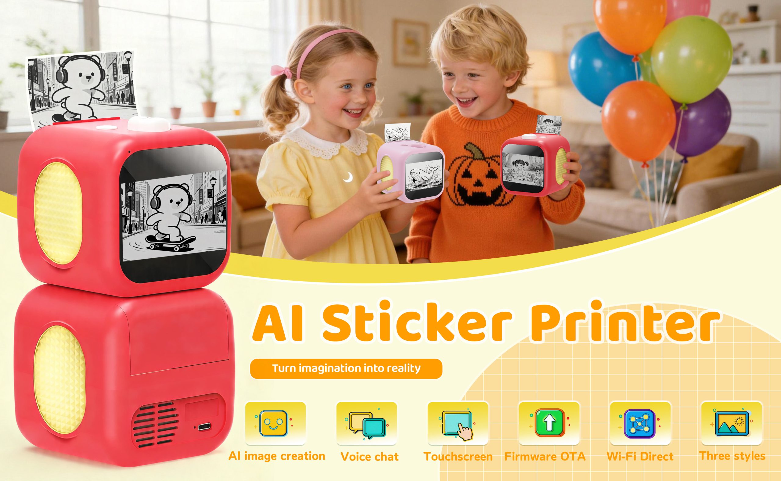 AI互动绘画打印机 / AI drawing printer,支持语音生成图像、触控操作、Wi-Fi和OTA升级