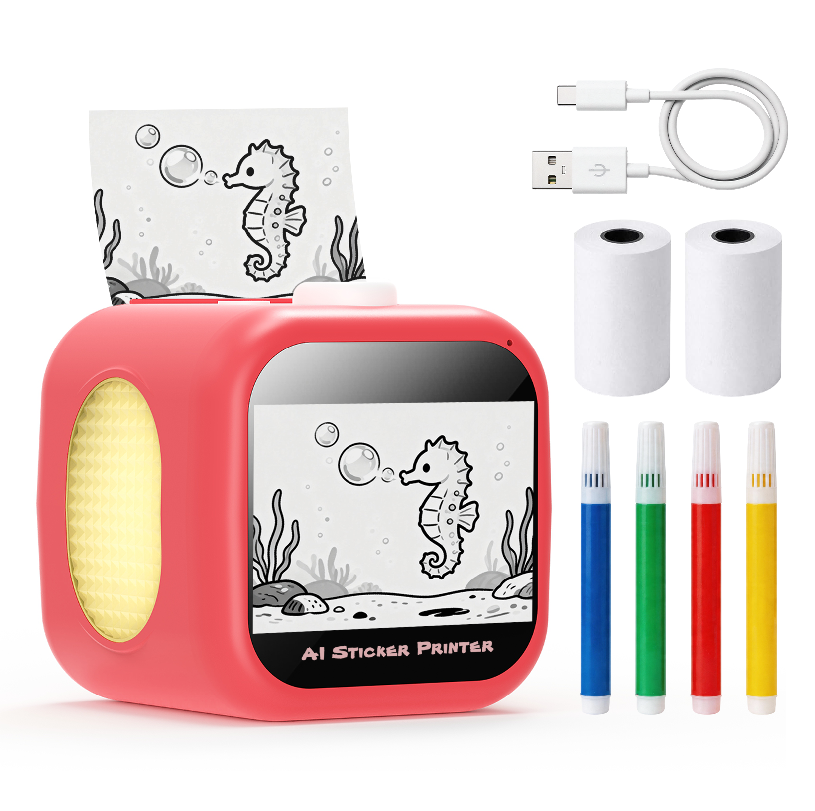 绿色AI互动绘画打印机套装,包含热敏纸、USB Type-C线和彩色画笔