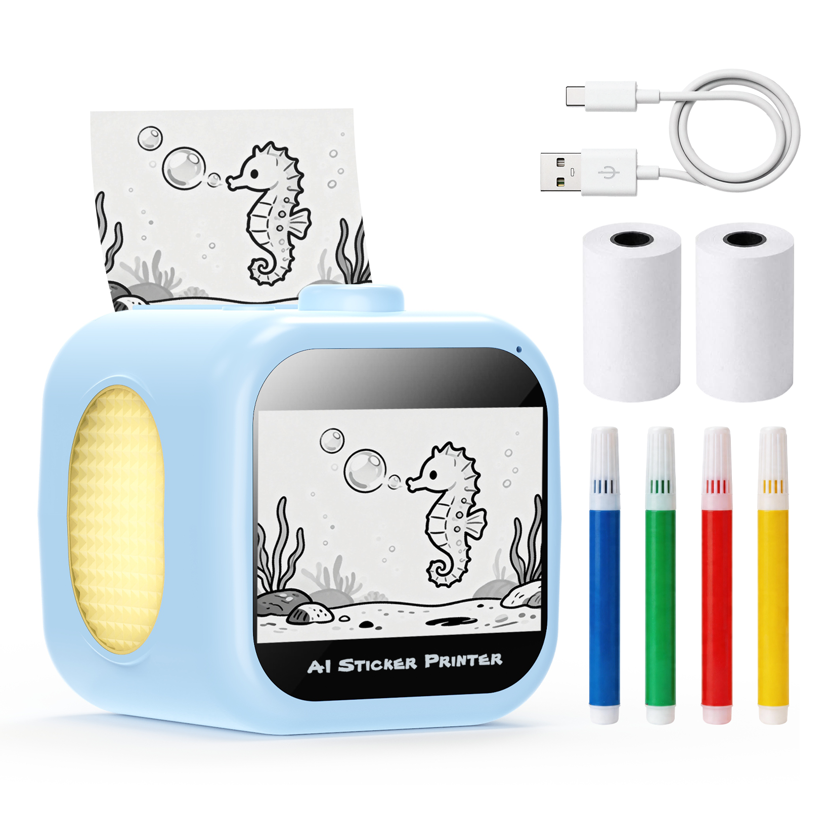 红色AI互动绘画打印机套装,包含热敏纸、USB Type-C线和彩色画笔