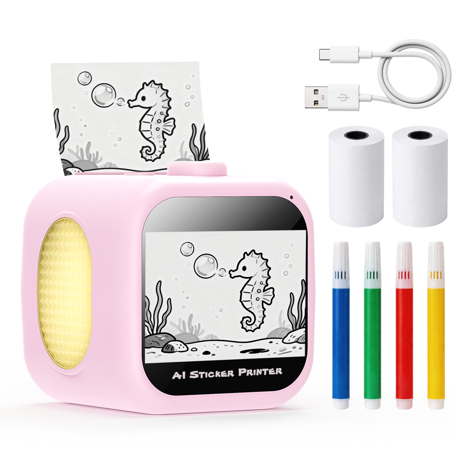 蓝色AI互动绘画打印机套装,包含热敏纸、USB Type-C线和彩色画笔