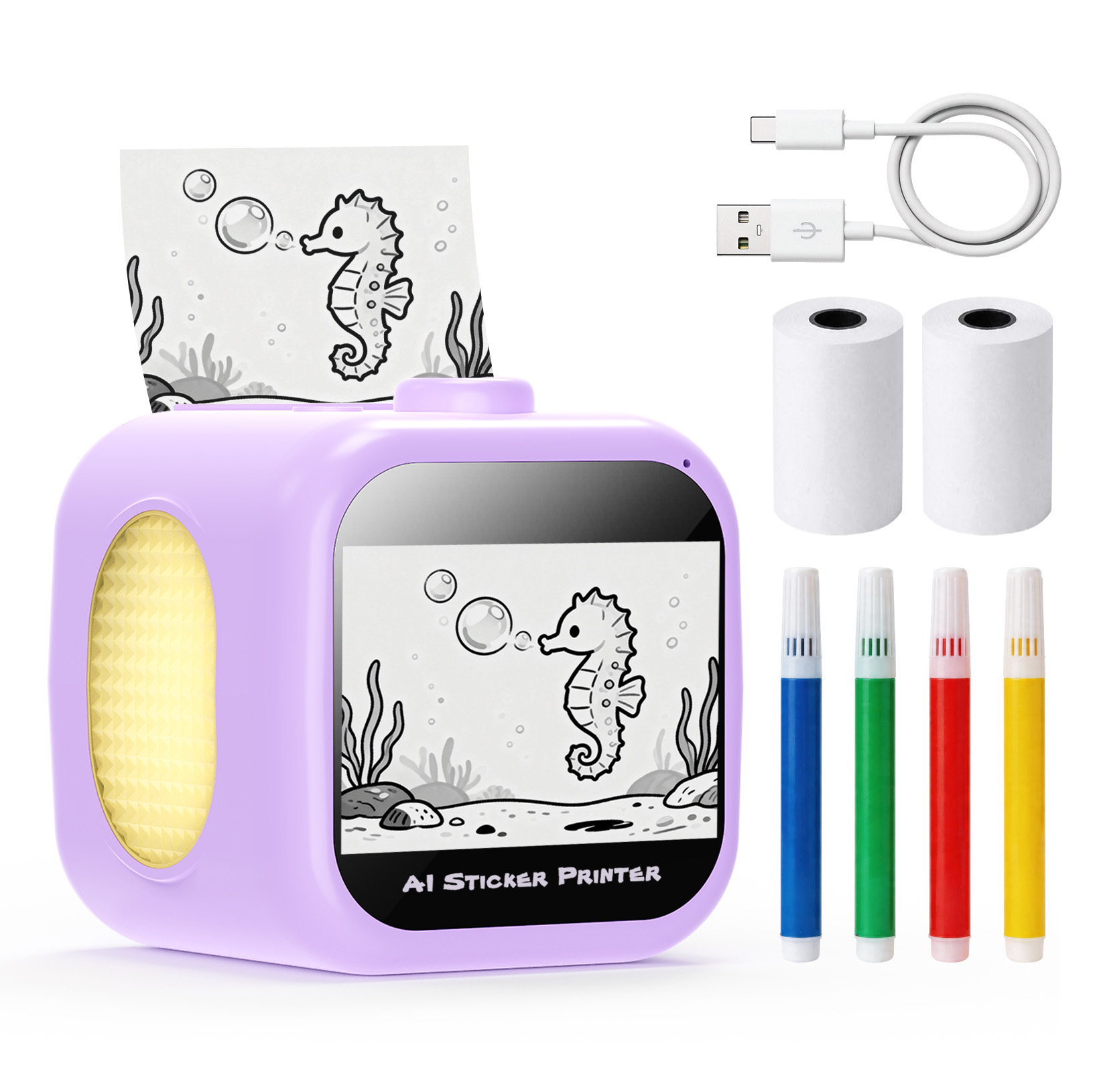 粉色AI互动绘画打印机套装,包含热敏纸、USB Type-C线和彩色画笔