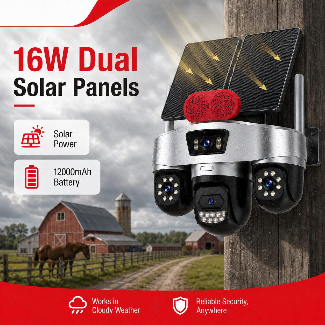 dual 16W solar panels and 12000mAh battery